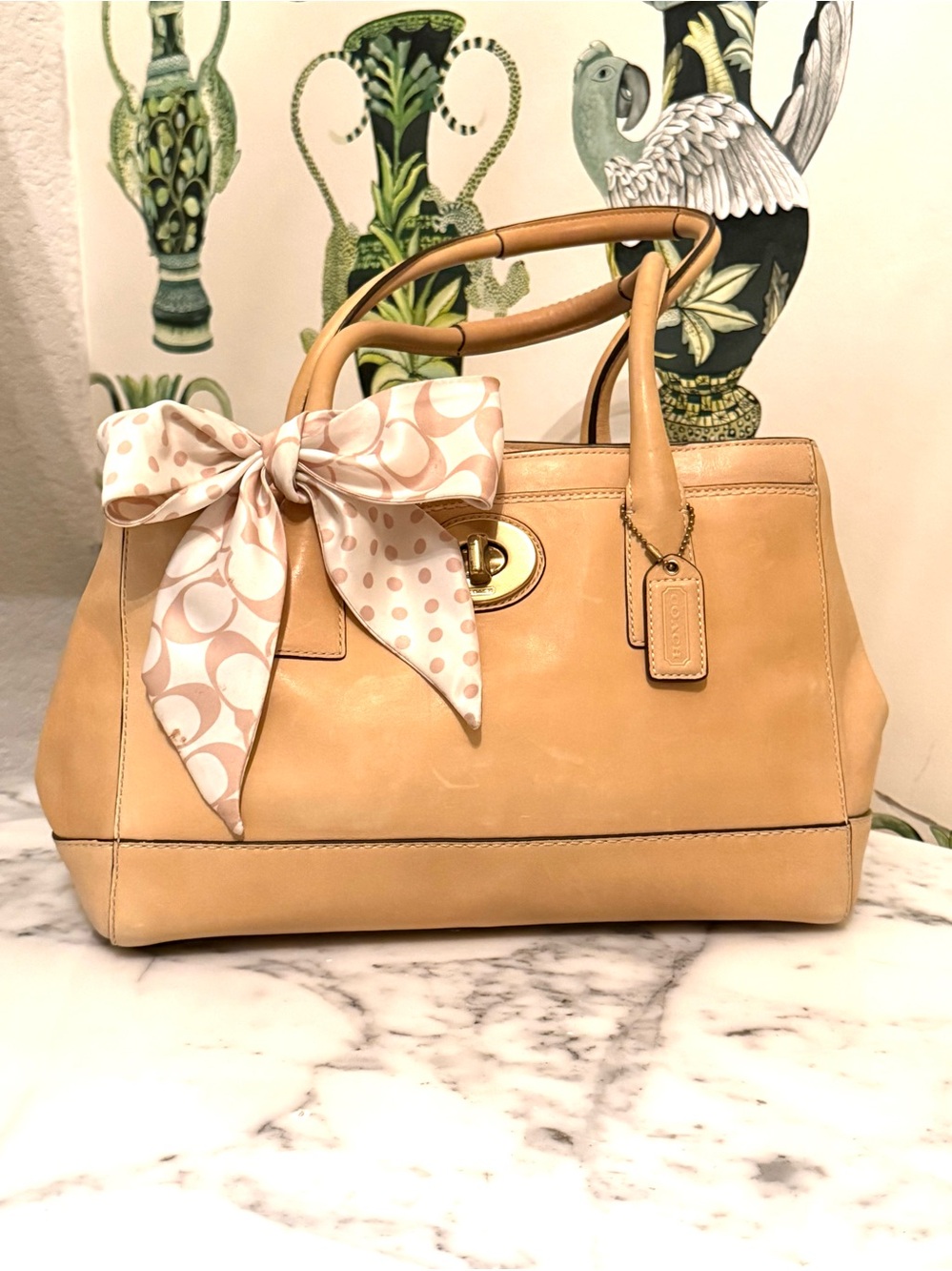 Coach Vintage Madeline Large Satchel. Smooth Blond Leather and Signature Scarf